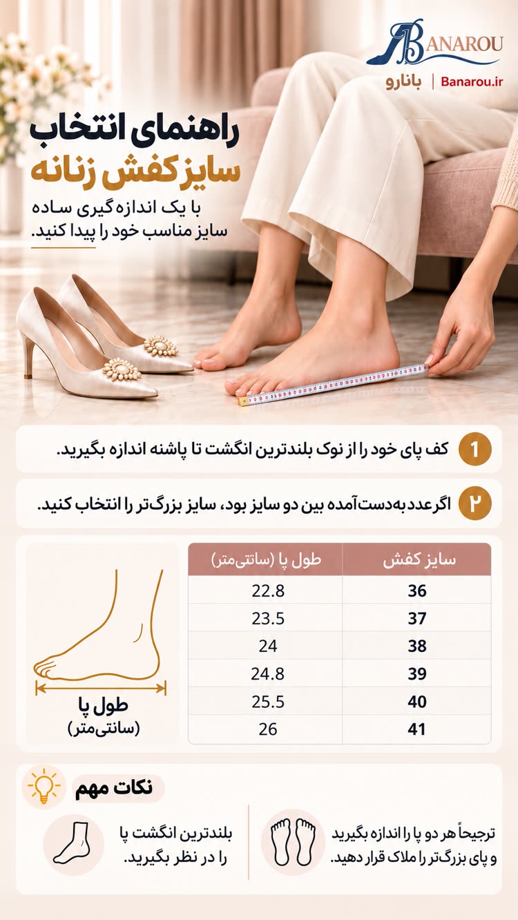 راهنمای انتخاب سایز کفش زنانه بانارو با جدول سایزبندی