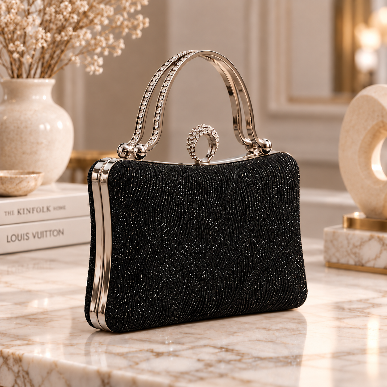 کیف مجلسی دستی دهنه انگشتری دهنه نقره‌ای مدل دسته دار